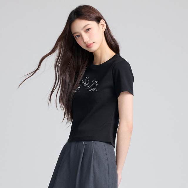 RPB BRAND cat pattern embroidered front shoulder short-sleeved girls T-shirt new popular slim short top