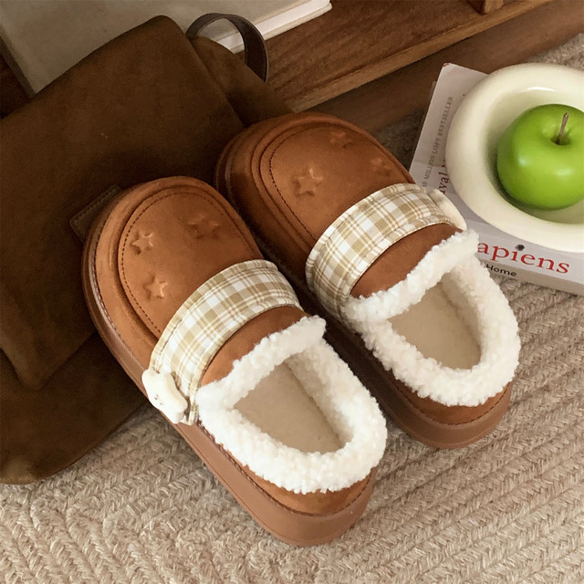 Thin strips of one-leg Lok Fu cotton slippers for women, winter warm and non-slip outer wear ins plaid star plus velvet bread shoes