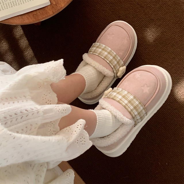 Thin strips of one-leg Lok Fu cotton slippers for women, winter warm and non-slip outer wear ins plaid star plus velvet bread shoes