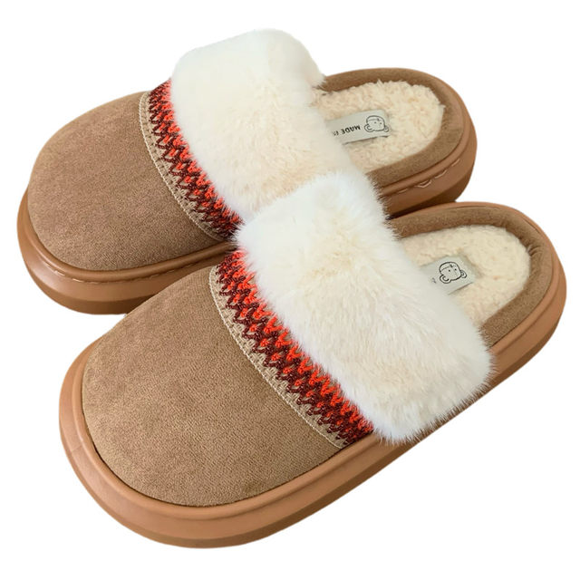 Thin strips of ethnic style cotton slippers for women to wear at home in winter, retro non-slip thick sole plus velvet warm confinement shoes