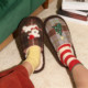 Thin strips of ins embroidered puppy cute home cotton slippers for women winter creative Christmas tree retro plaid furry shoes