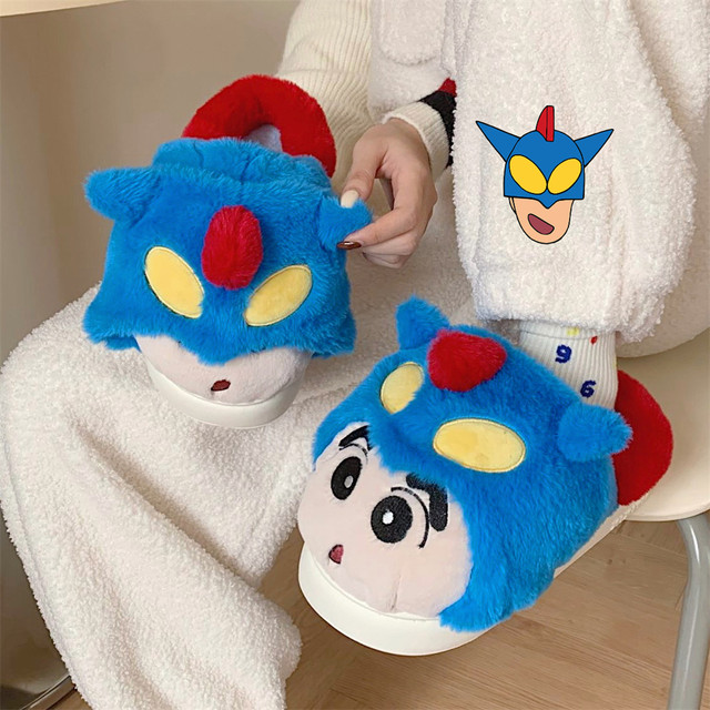 Thin strips Crayon Shin-chan dynamic superman cotton slippers for men and women in winter couples cute home warm furry shoes