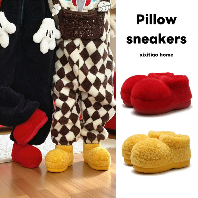 Slim strips Cute big-headed fur boots for women ins warm and non-slip fun wearing home short cotton shoes in winter