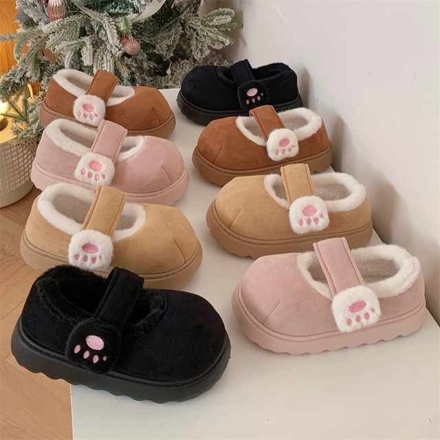 Thin strips, cute cat claw Velcro cotton shoes, winter plus velvet thick sole single shoes, girl's heart warm round-toe bean shoes