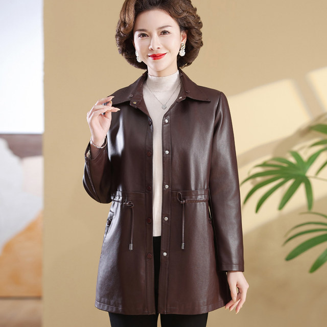 Leather jacket middle-aged mother autumn leather coat plus velvet thickened wool collar fashionable temperament waist-hugging and slimming