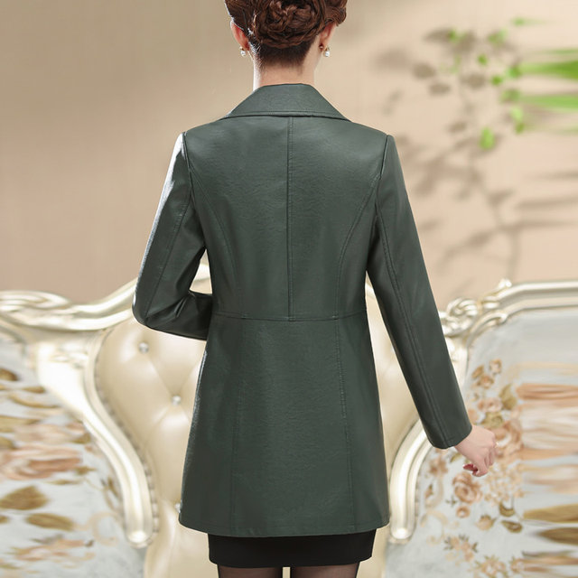 Middle-aged mother's spring and autumn coat, women's leather jacket, fashionable mid-length PU leather windbreaker, lady's fashionable slim suit