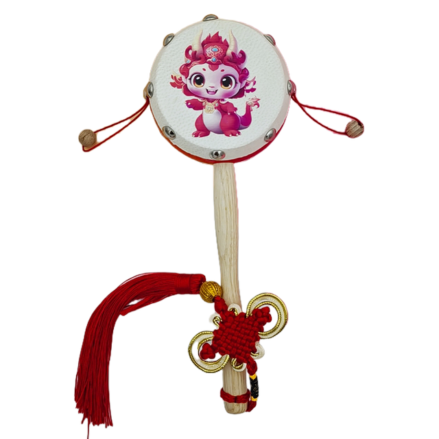 
Zodiac Dragon Snake Rattle Baby Toy Sheepskin Drum Face Solid Wood No Painted Can Bite Audio-visual Grass for more than 6 months