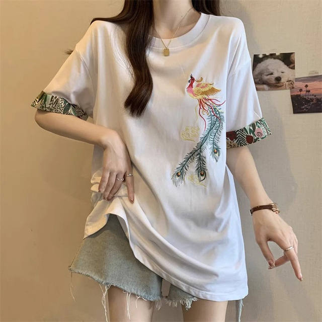 
High-end embroidered black short-sleeved T-shirt for women's mid-length new Chinese style top new summer large size fat mm