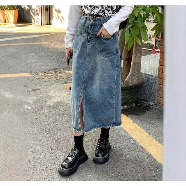 Design pocket denim skirt female internet celebrity ins trendy niche slim a-line retro hip-pack mid-length skirt
