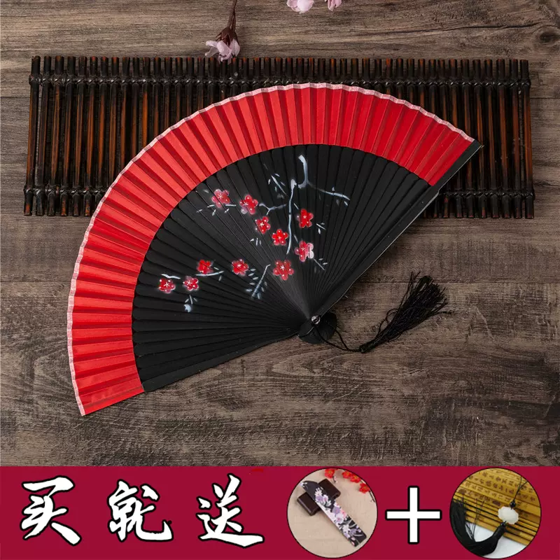 头青喷绘扇花鸟美女图高档女扇珠光柄喷绘丝绸扇子折扇