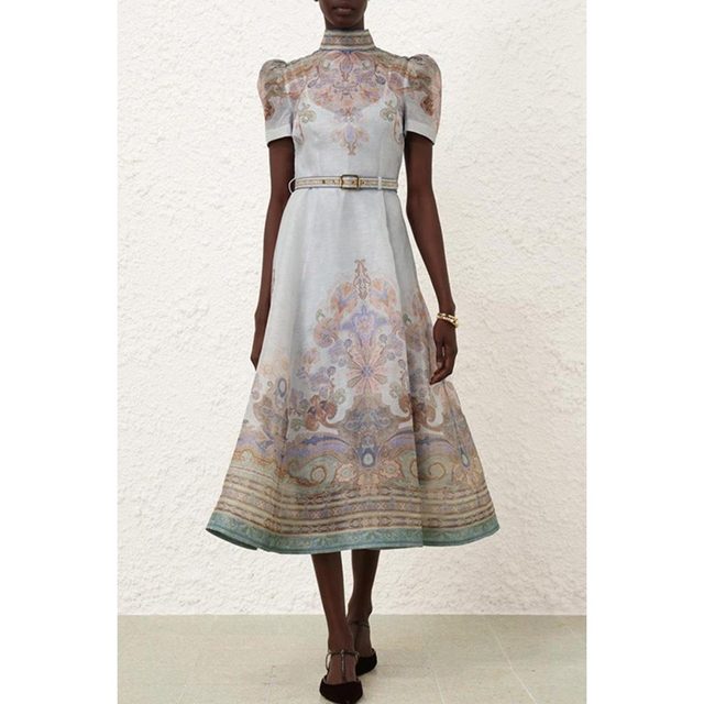 2025 Spot Australian Autumn New Silk Linen Small High Neck Belt Waist Short Sleeve Mid-Length Dress with Suspenders