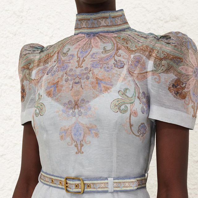 2025 Spot Australian Autumn New Silk Linen Small High Neck Belt Waist Short Sleeve Mid-Length Dress with Suspenders