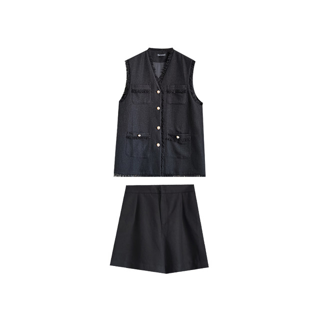 vogana Cannes home large size original fashionable casual temperament solid color slimming tassel furted vest shorts set set
