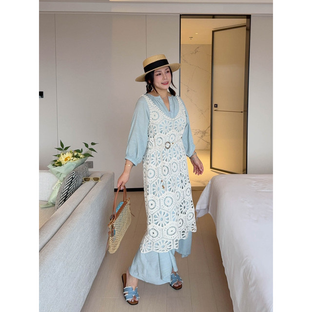 VOGANA Cannes home large size women's clothing holiday French hollowed-out summer gentle skin-friendly breathable loose vest skirt