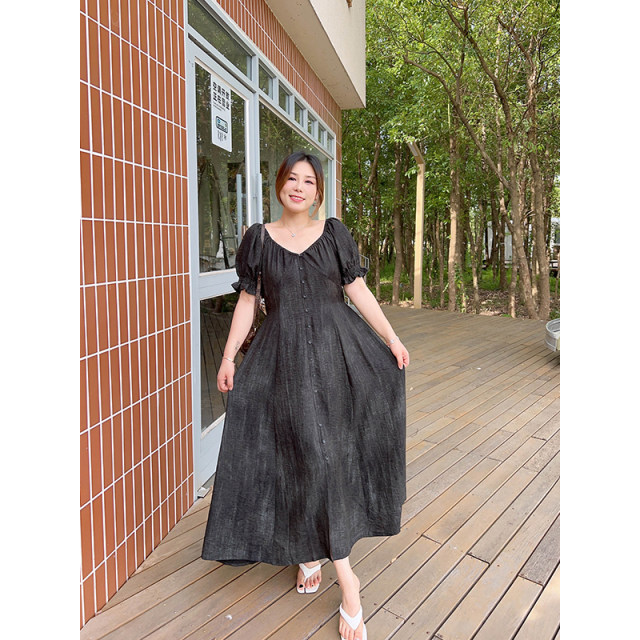 vogana Cannes home large size original French afternoon tea skirt for women's summer large v-neck waist A-line slim dress