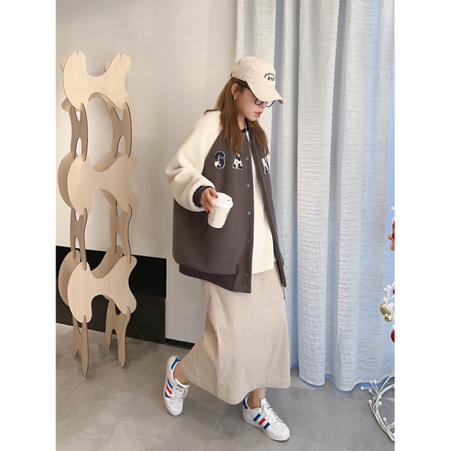 vogana Cannes home large size original ins American cool jacket autumn lamb fur splicing loose age-reducing baseball uniform