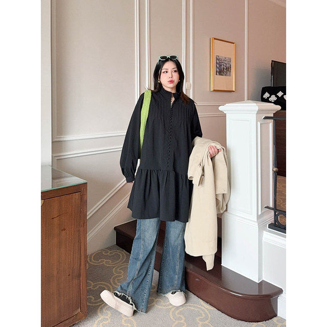 VOGANA Cannes home large size women's clothing French elegant loose slim waist-hugging ruffled mid-length dress