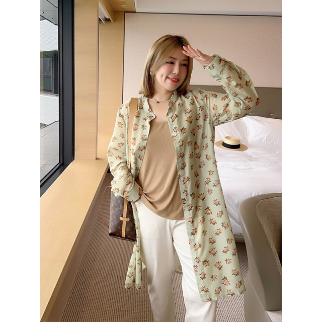 Vogana Cannes Family Large -size Hanfeng casual print mid -length shirt loose long -sleeved sunscreen air -conditioned shirt jacket