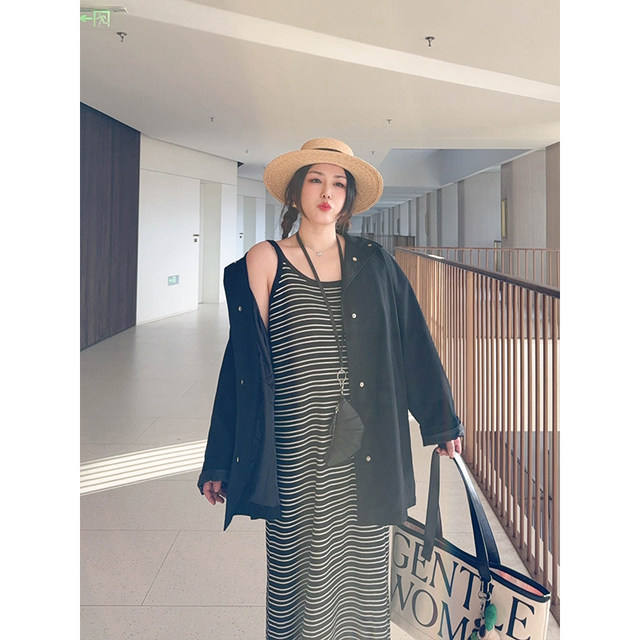 VOGANA Cannes home large size women's paper sheet people temperament casual striped dress spring waist A-line suspender skirt
