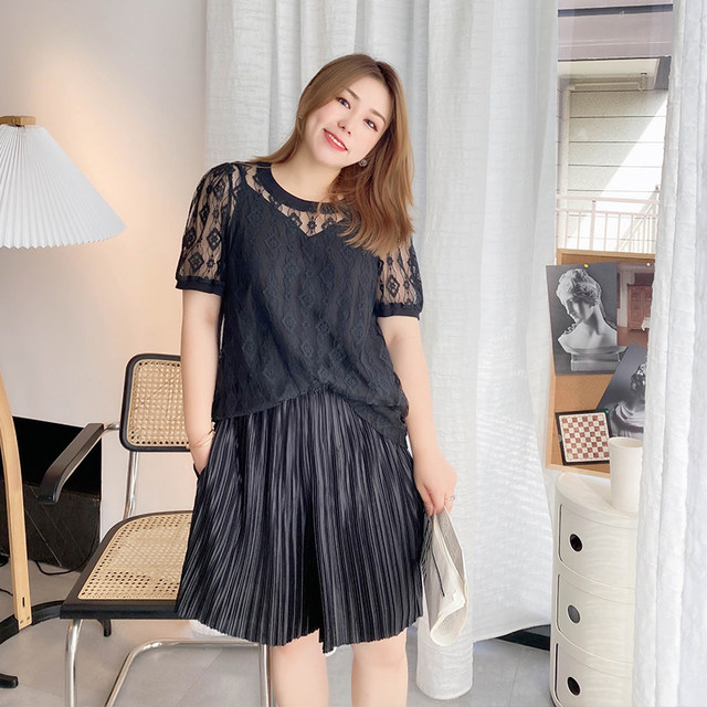 Vogana Cannes Family Large -size Original Summer Summer Lamous Round -neck Lace Shirt Sex Set 2 Set 2 Set