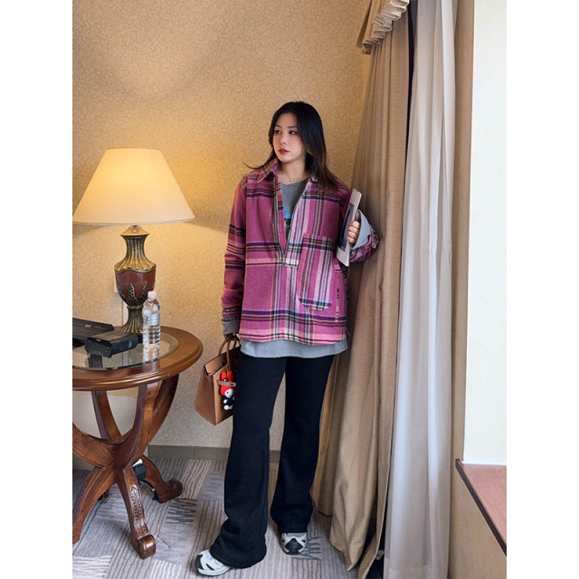 vogana Cannes home large size original silhouette Korean jacket winter retro plaid wool pullover top