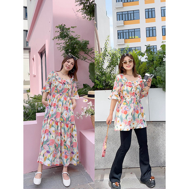 Vogana Cannes Large -size Original Summer Celebration Flower Lotus Leaf Edge Reduction Slender Shirt Shirt Dress