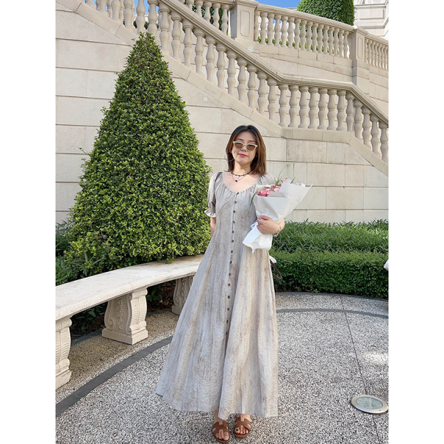 vogana Cannes home large size original French afternoon tea skirt for women's summer large v-neck waist A-line slim dress