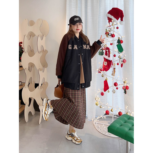 vogana Cannes home large size original ins American cool jacket autumn lamb fur splicing loose age-reducing baseball uniform
