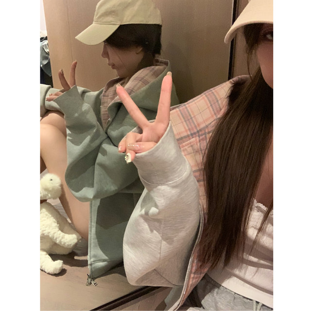 ASHENONLINE Peach Oolong Gray Casual Sweatshirt Women's Early Autumn Loose Contrast Color Checker Cardigan Jacket