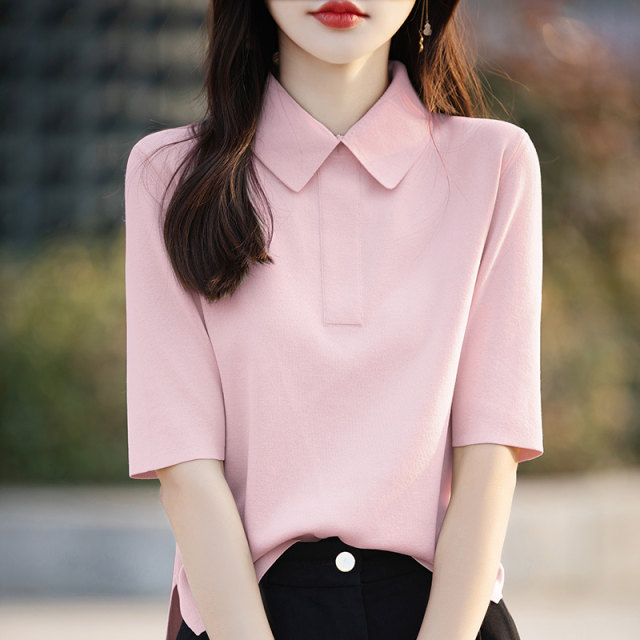 Modern urban style French retro polo lapel half-sleeved sweater ice silk mid-sleeved T-shirt short-sleeved top

