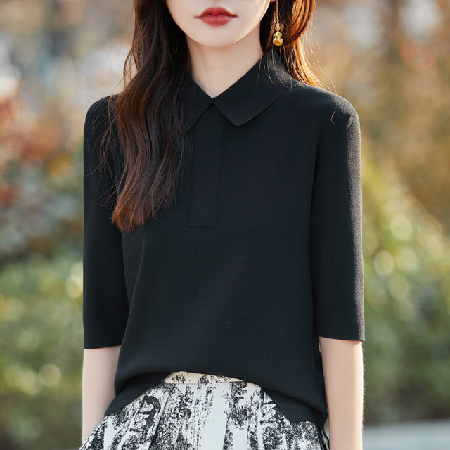 Modern urban style French retro polo lapel half-sleeved sweater ice silk mid-sleeved T-shirt short-sleeved top
