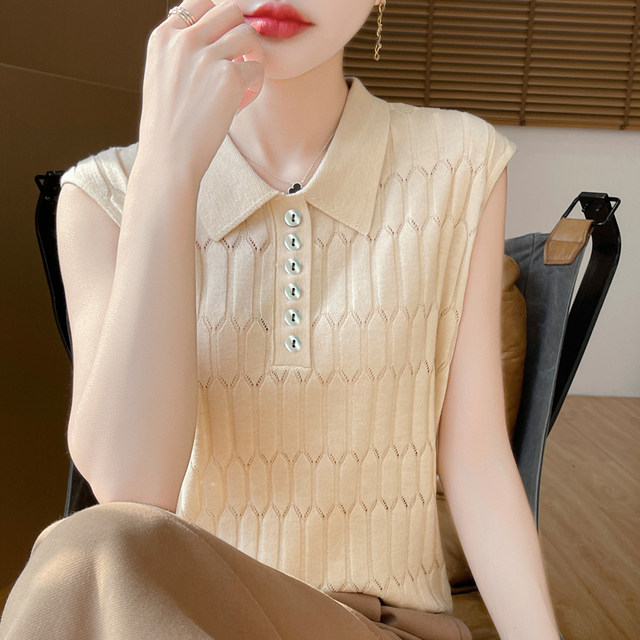 French polo collar sleeveless knitted vest for women 2025 spring new design sleeveless worsted wool top
