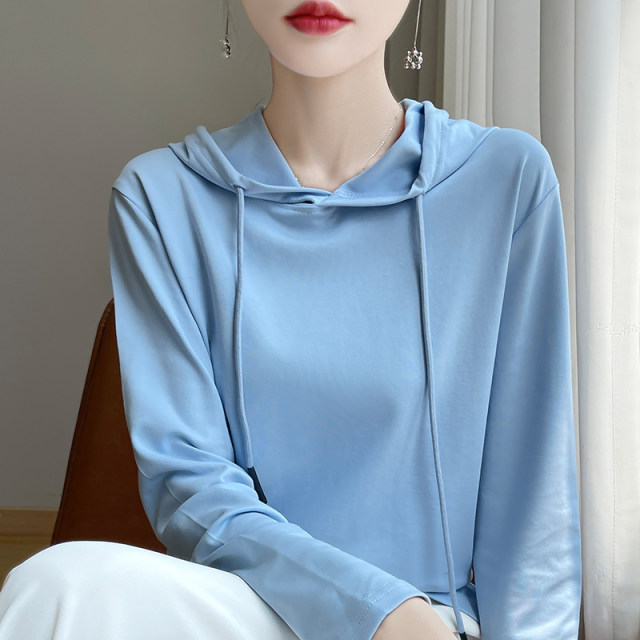 Spring hooded sweatshirt for women versatile cotton T-shirt long-sleeved top Korean style loose casual knitted thin hoodie
