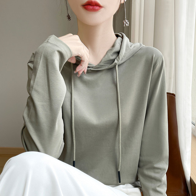 Spring hooded sweatshirt for women versatile cotton T-shirt long-sleeved top Korean style loose casual knitted thin hoodie
