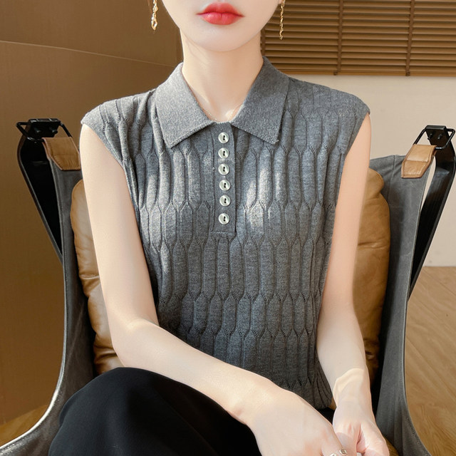 French polo collar sleeveless knitted vest for women 2025 spring new design sleeveless worsted wool top

