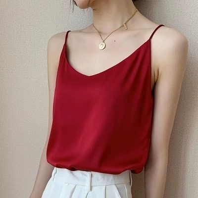 Really silk suspender vest female inside sunding base sitrium satin -in summer V -neck design sensuality outside wearing top