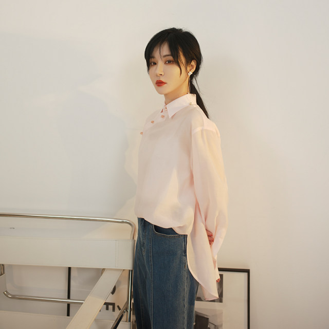 NANASTORE Floral Shirt for Women's Spring New Retro Long Sleeve V-neck Shirt Chinese Top One Shoulder Loose