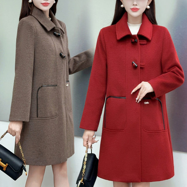 New mid-length woolen jacket autumn and winter Korean version loose slim small woolen coat middle-aged lapel jacket
