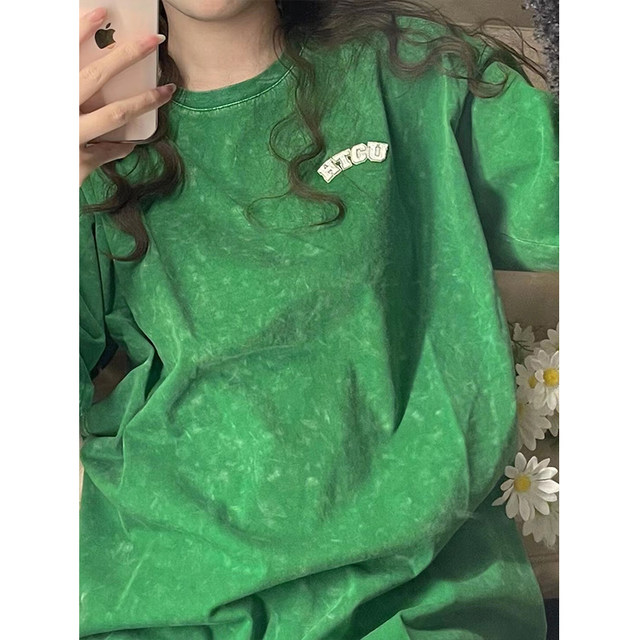 Summer new Korean version of American advanced cotton round neck versatile fashion green short sleeve top
