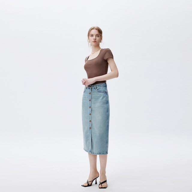 2025 spring and summer denim skirt elegant and casual high-waisted high-slim front button midskirt

