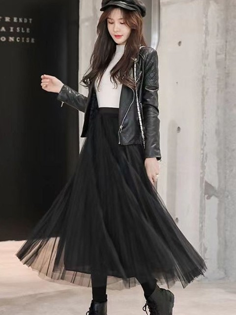 Internet celebrity gauze skirt women's skirt slim pleated temperament skirt draped mesh a-line high waist 2025 new elastic retro

