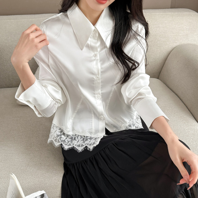 Lace spliced ​​white lapel shirt for women's spring thin shirt large size 2025 new high-end long-sleeved top