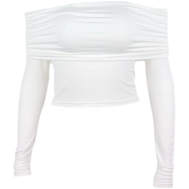 Transition sexy European and American style, light luxury women's long -sleeved long -sleeved off -shoulder T -shirt temperament, simple slim -fitting chest short shirt tide
