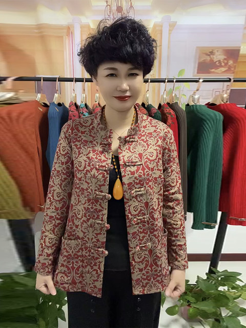 Ethnic style mother's Tang suit small coat winter new style plus velvet buckle short cardigan elastic warm floral top