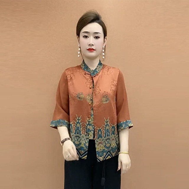 Re-tourist Chinese style mother-wearing silk cardigan top for summer new style 50-60 years old 7-quarter sleeve pattern shirt and pants