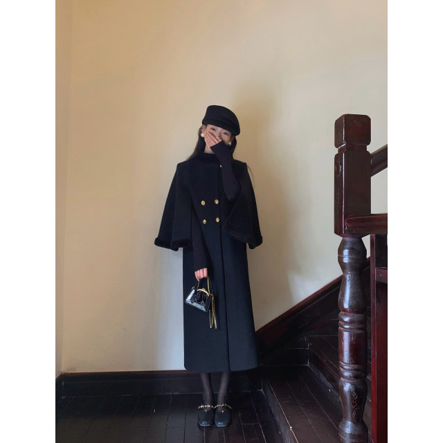 Thecoco 50 wool black cape coat women's winter new temperament versatile thin shawl woolen coat
