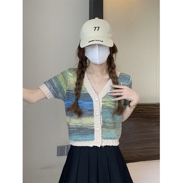 Small fragrance style short top for women's summer v-neck irregular rainbow striped ice silk sweater French waist short-sleeved T-shirt