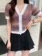 Small fragrance style short top for women's summer v-neck irregular rainbow striped ice silk sweater French waist short-sleeved T-shirt