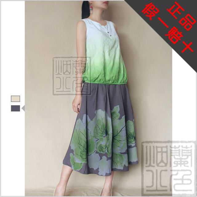 Season clearance for spring and summer soft cotton linen women's half-waist skirt. Singyou genuine hand-printed literary middle skirt. Ye