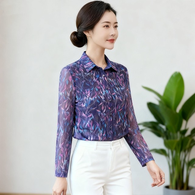 
New style middle-aged women's foreign noble temperament thin long-sleeved Taiwan mesh mother's autumn wear fungus-edged quick-drying shirt
